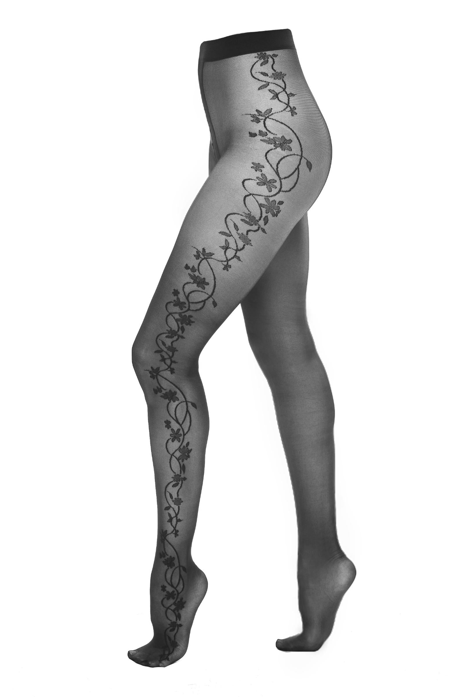 Kotek collant 20 den nero S/M ricamo floreale lato