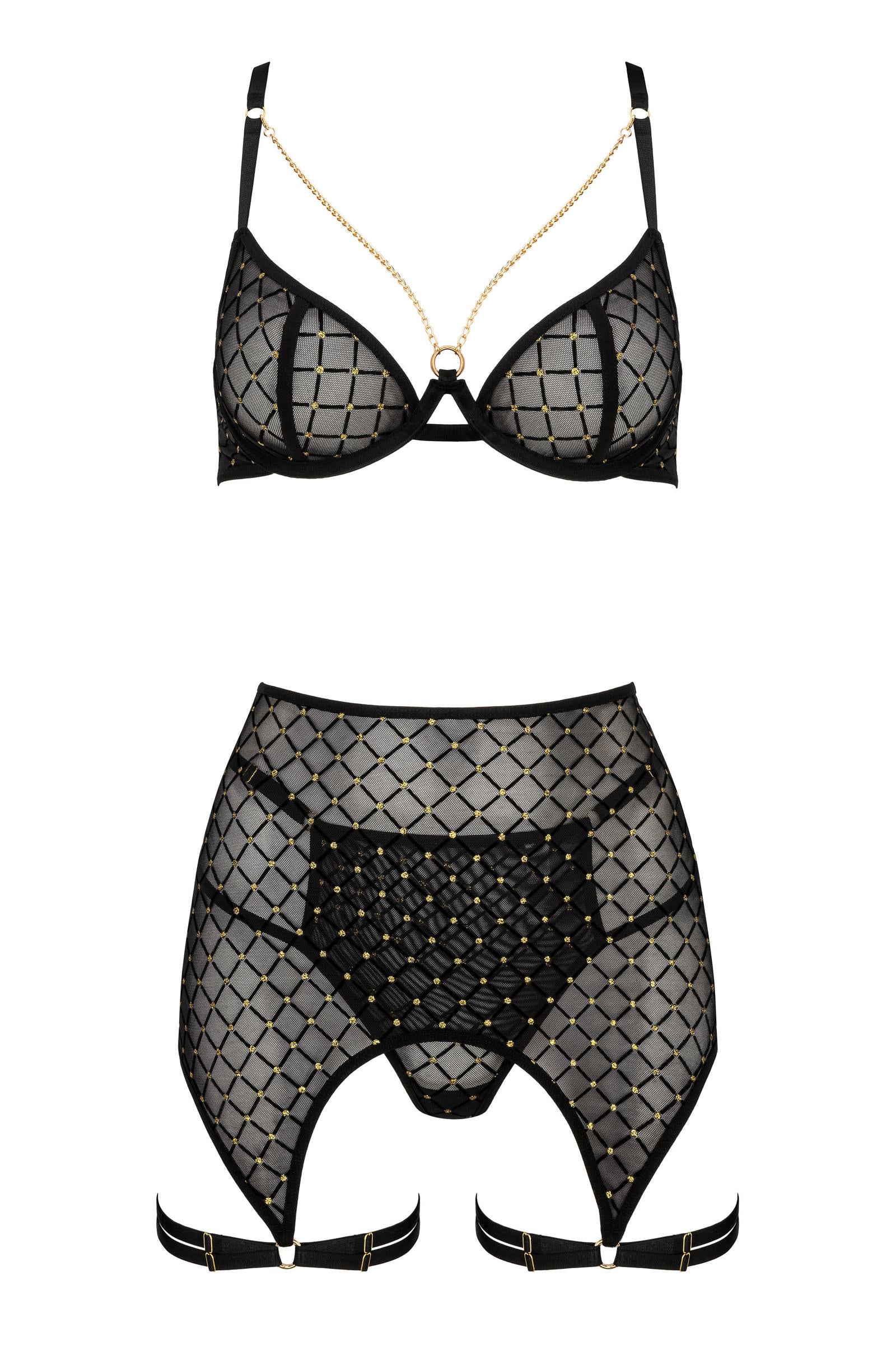 Kotek 3-teilige Sets THP101 completo intimo nero-oro S/M 3 pezzi