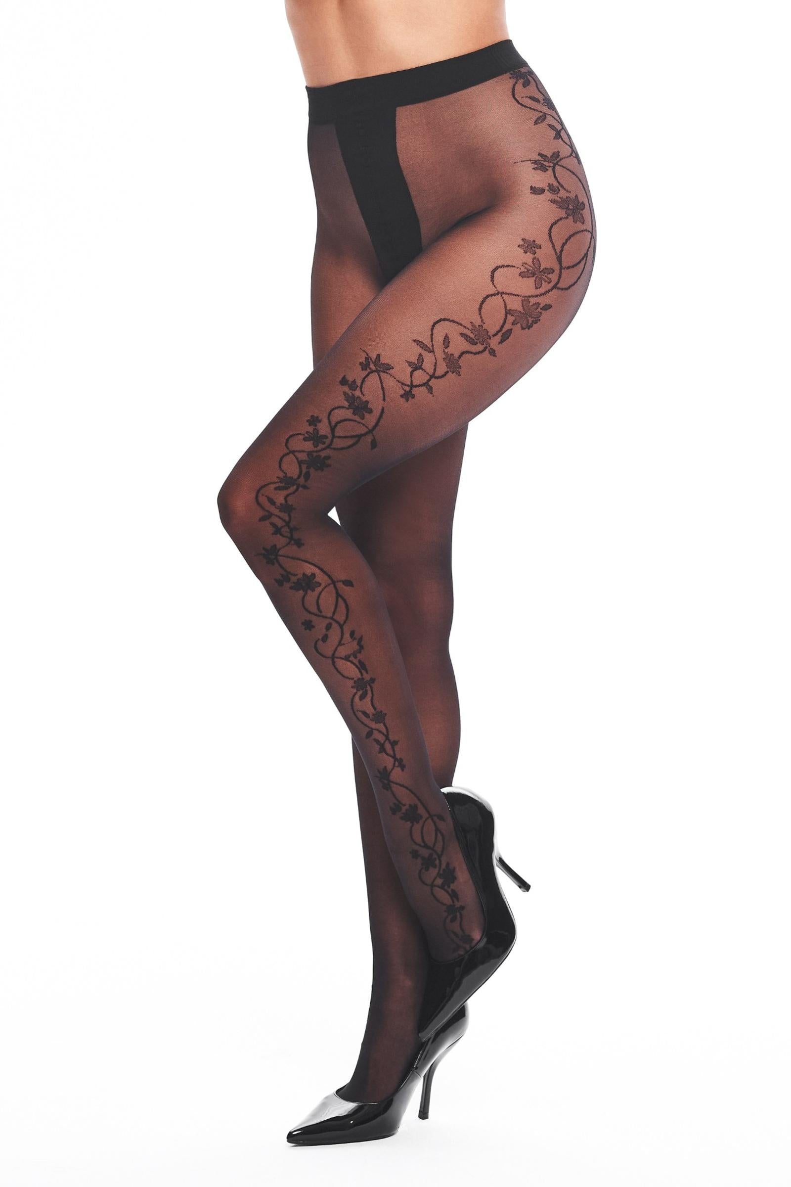 Kotek collant 20 den nero S/M ricamo floreale lato