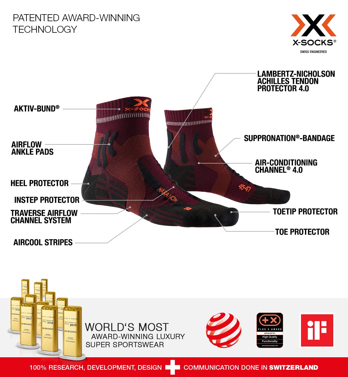 X-Socks Marathon Calze Corsa 44 Dark Ruby lunghe distanze