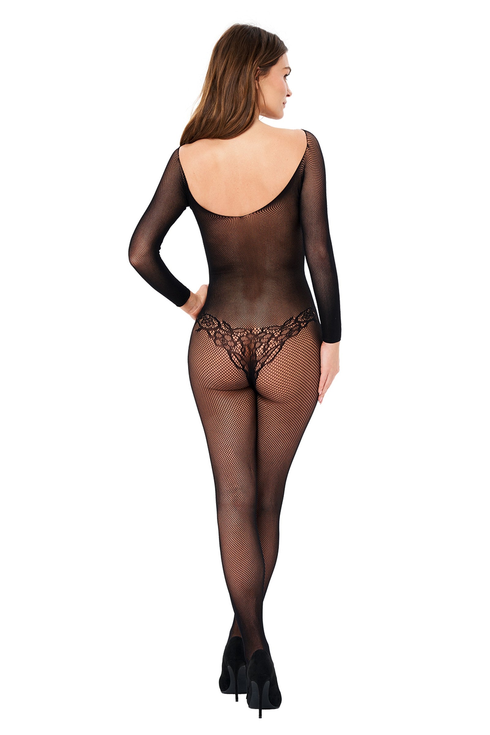Kotek Bodystocking nero pizzo maniche lunghe aperto