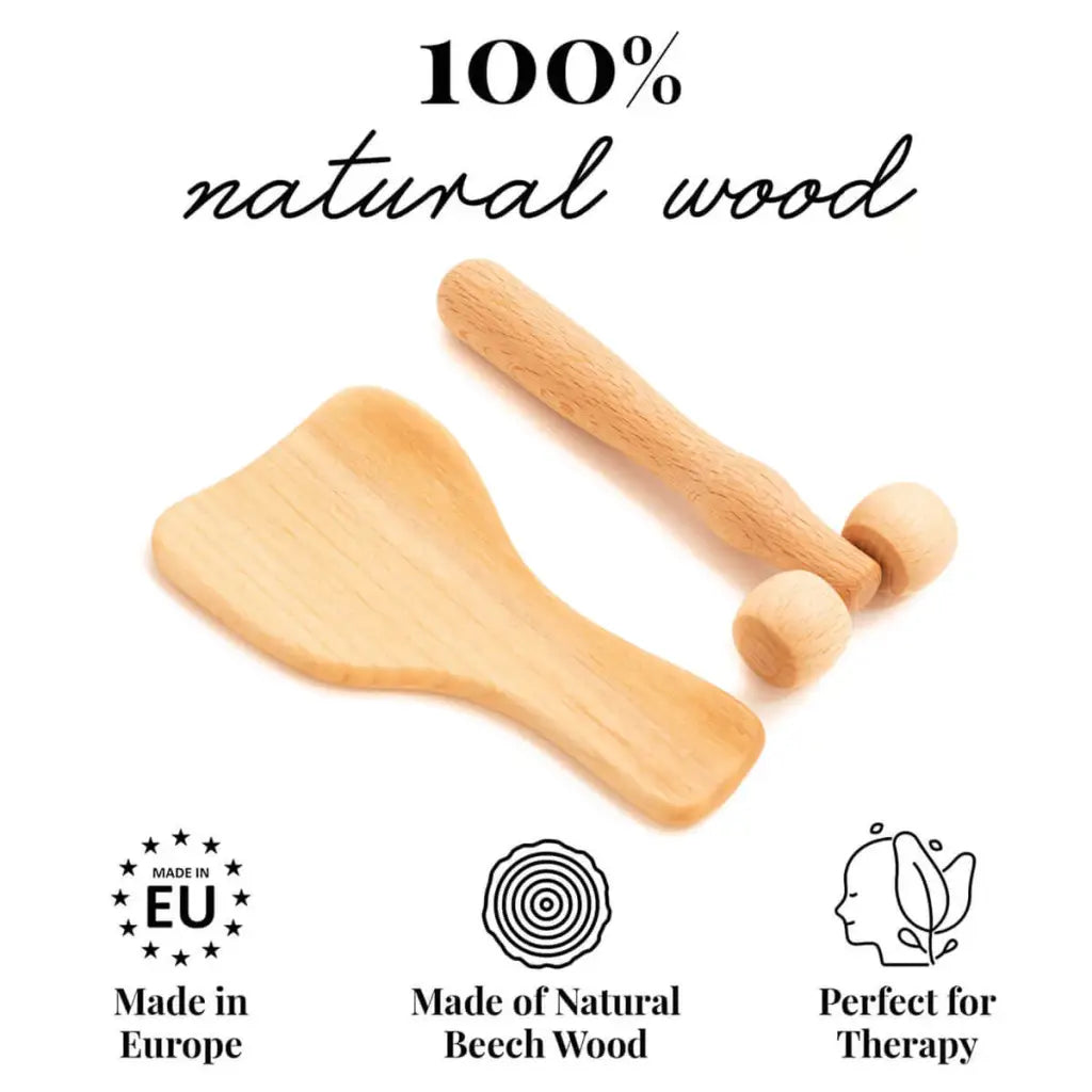 Tuuli Set Gua Sha Mini Rullo Faggio Massaggiatore Legno 2 Pezzi