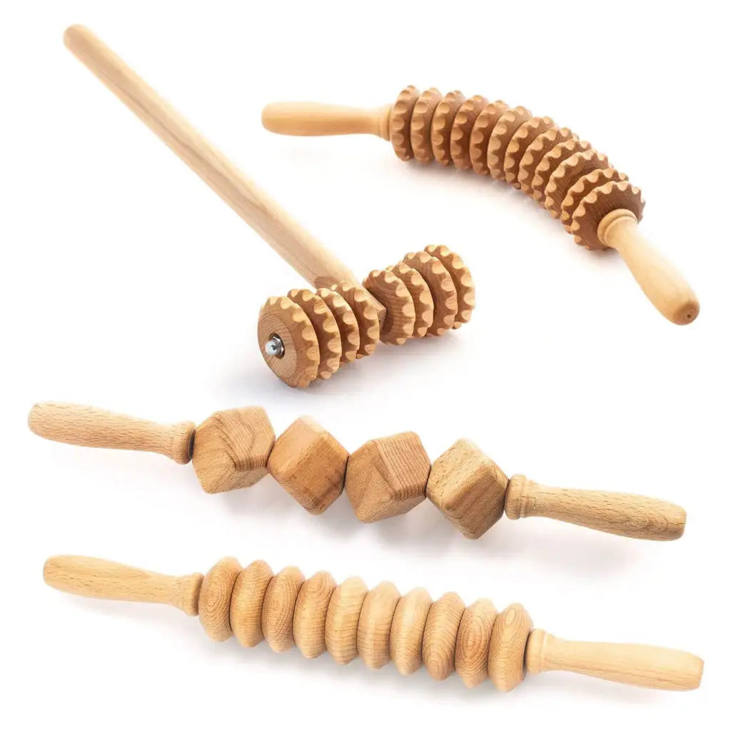 Tuuli Set Massaggio Faggio 4 Pezzi Rulli Massaggiatore Legno a T