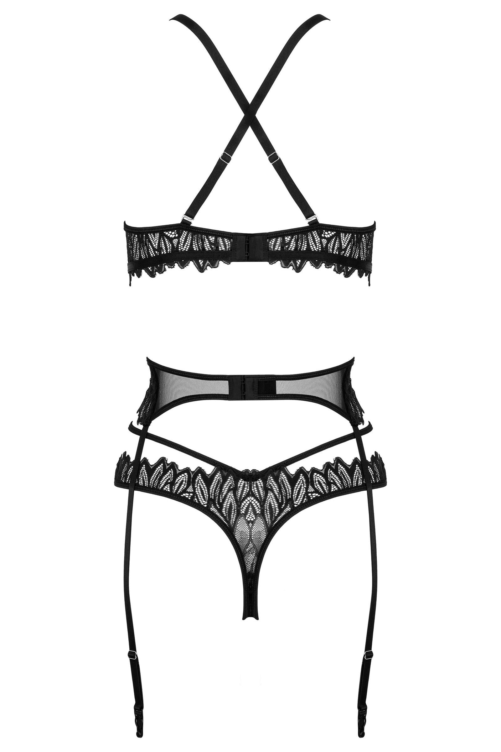 Kotek Set 3 pezzi completino intimo nero ricamo foglie