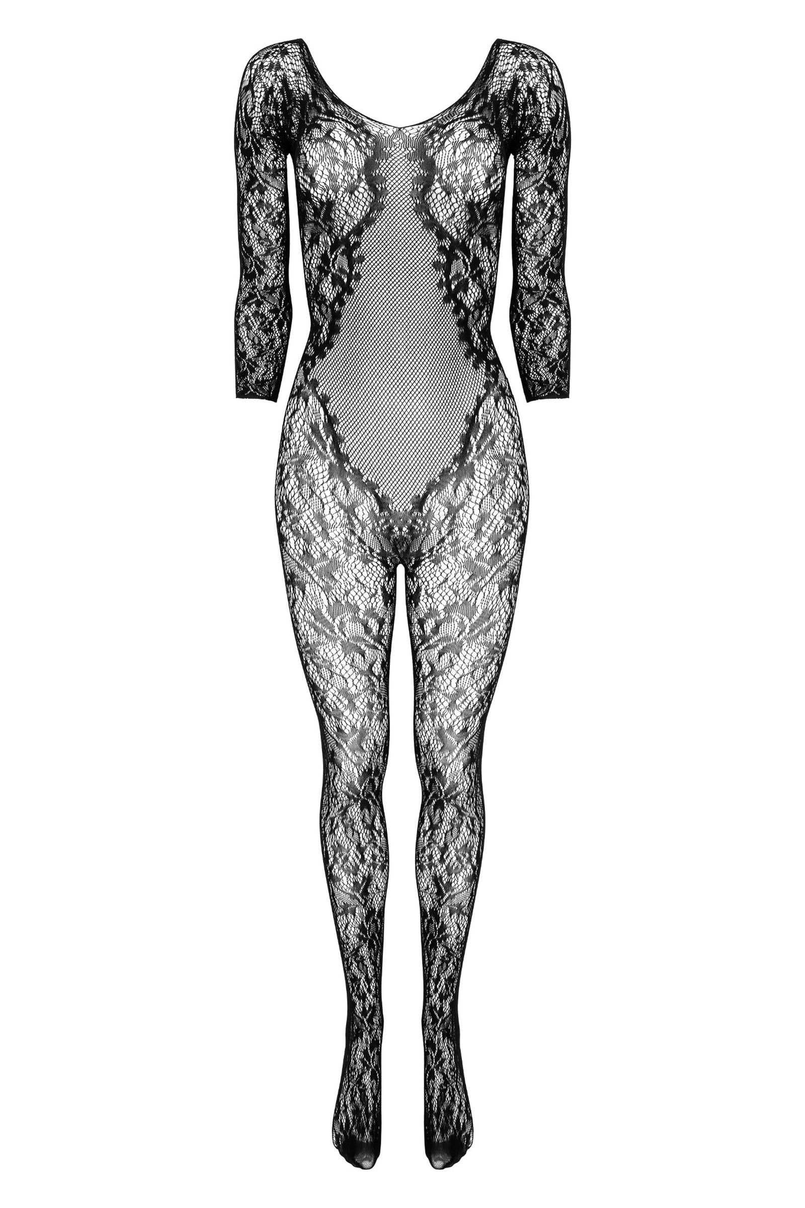 Kotek Bodystocking nero rete floreale maniche lunghe
