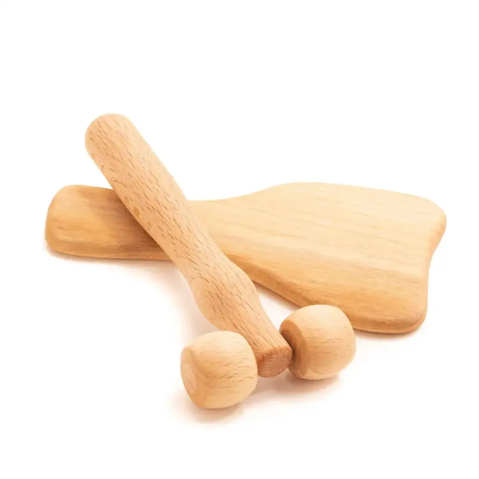 Tuuli Set Gua Sha Mini Rullo Faggio Massaggiatore Legno 2 Pezzi