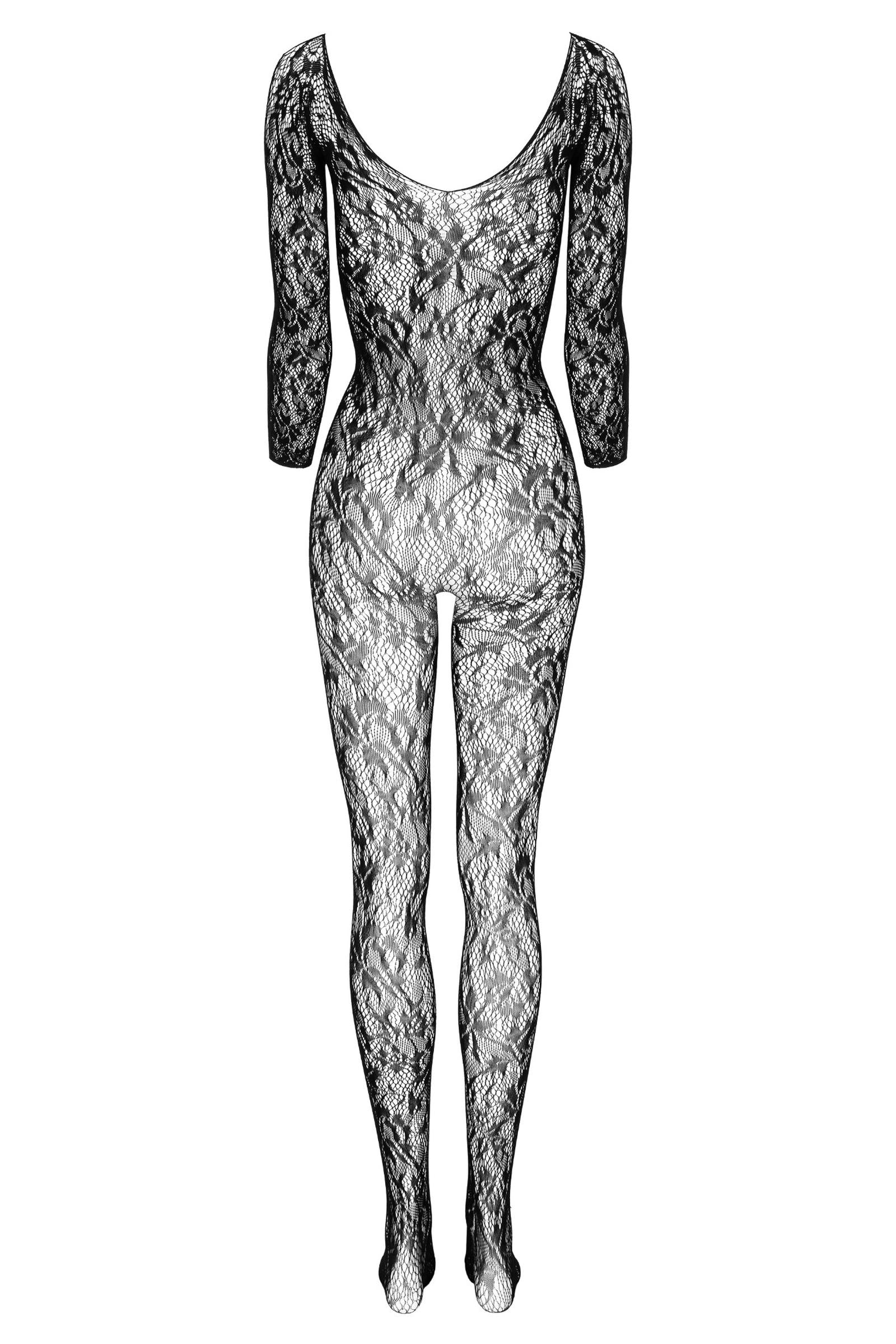 Kotek Bodystocking nero rete floreale maniche lunghe