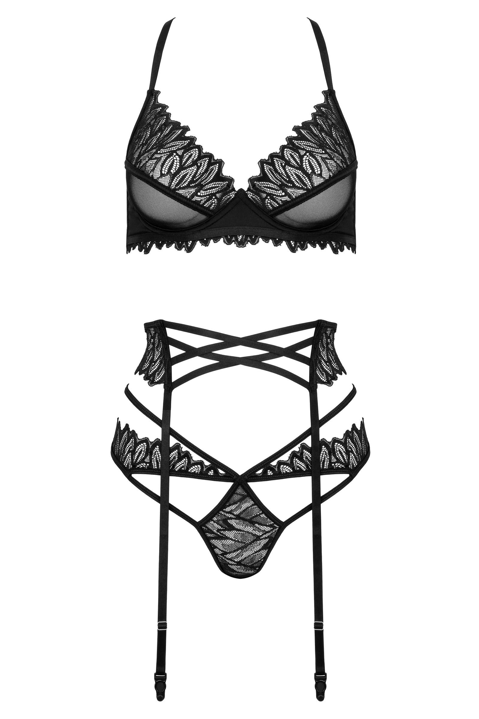 Kotek Set 3 pezzi completino intimo nero ricamo foglie